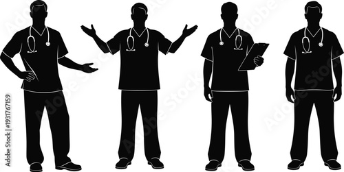 Medical professional silhouette collection with doctors and nurses, stethoscope attire illustration, healthcare worker concept, hospital staff design, flat vector illustration
