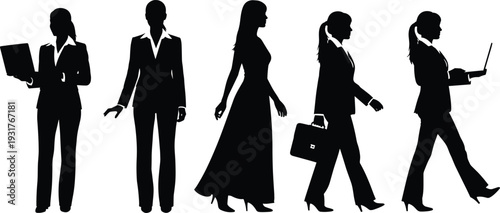 Professional woman silhouette collection with laptop, briefcase, formal attire illustration, business fashion concept, workplace diversity design, flat vector illustration