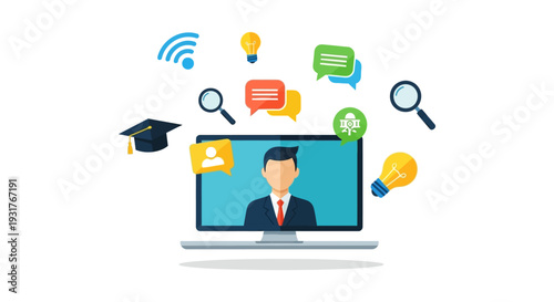Online Education and E-learning Concept. Virtual Webinar, Distance Learning, and Remote Training with Instructor, Idea, and Security Icons.