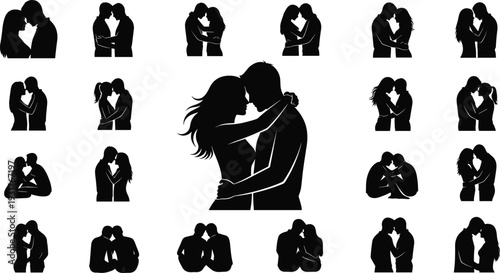 Romantic couple silhouette collection with embrace and kiss poses, love relationship illustration, emotional connection concept, flat vector illustration