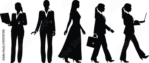 Professional woman silhouette collection with laptop, briefcase, formal attire illustration, workplace diversity concept, business fashion design, flat vector illustration