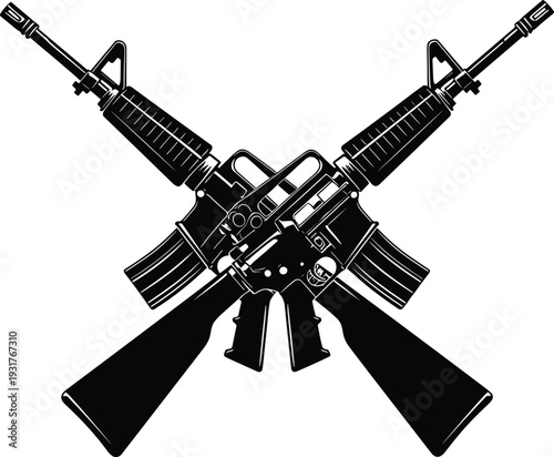 Detailed black and white vector illustration of two crossed assault rifles in a silhouette style for military tactical sport or firearms safety training
