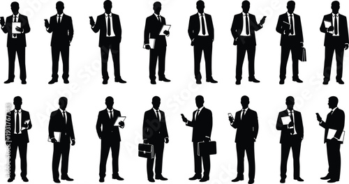 Businessman silhouette collection with suits, briefcases, tablets, smartphones, professional corporate attire illustration, office activity concept, flat vector illustration