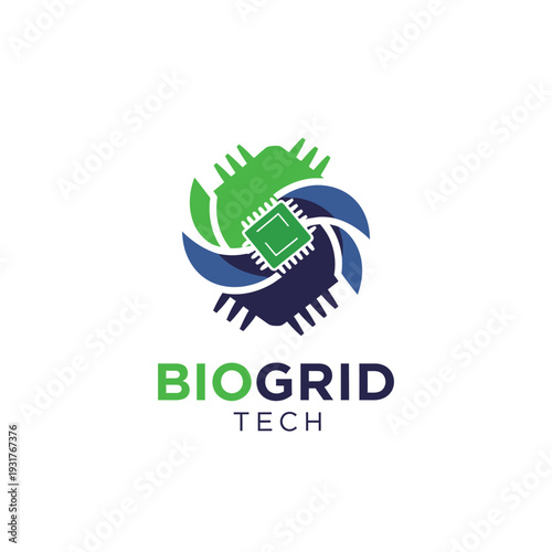 Circular microprocessor chip and leaf logo for sustainable biotechnology BioGrid Tech