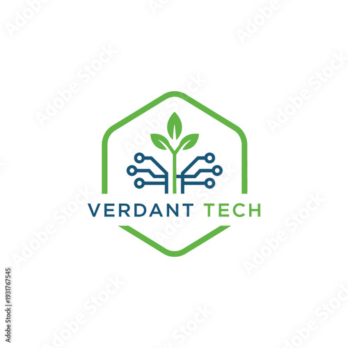 Plant sprout and circuit board hex logo for green technology company Verdant Tech