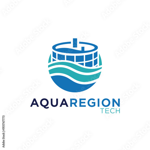 Blue water tank and wave icon logo for aquaculture and water management AquaRegion Tech