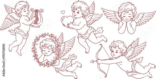 Cupid Cherub Red Line Art Set – Romantic Valentine’s Day Angel Illustrations with Heart, Bow, Lyre, and Floral Wreath