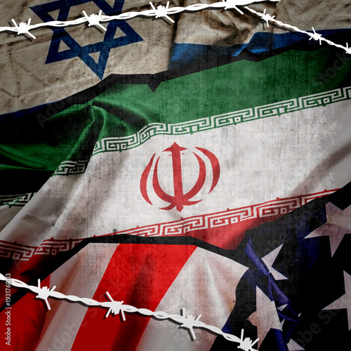 USA Israel Iran Conflict Concept with Flags and Barbed Wire Background : Iranian, American and Israeli flags layered with barbed illustration. 