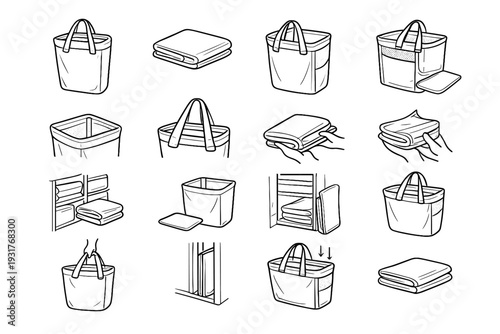 Foldable bag icon ventilation reinforced supportive panels storage mesh vector collapsible hamper