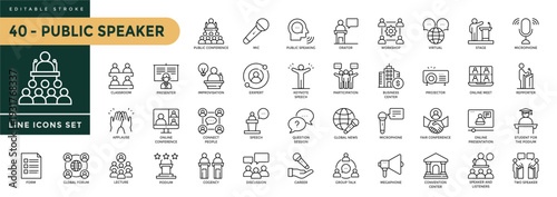 A collection of Public Speaker icons set with editable stroke, including speech, talk, dialogue, community, communication, training, chat. Thin linear vector illustration.