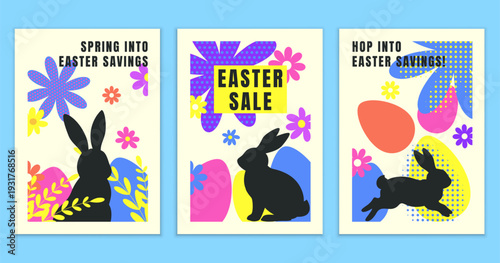 Set of Colorful Easter Sale Posters with Bunny Silhouettes