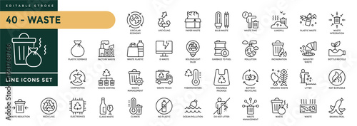 A collection of Waste icons set with editable stroke, including  recycling, litter, waste management, composting, waste sorting, trash, pollution, landfill. Thin linear vector illustration.