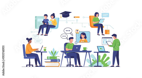 Digital Learning Platform Illustration. Students connect virtually for online courses, studying, and remote education via a connected network.