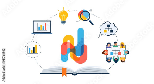 Knowledge Management and Business Strategy Cycle: Data Analysis, Team Collaboration, Idea Generation, and Research Process Flow.