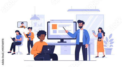 Corporate Training, Business Presentation, and Mentorship Illustration. Diverse Team Learning and Professional Development in a Modern Digital Office.