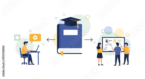 Blended Learning Concept Flow. E-learning, Online Education, and Classroom Teaching. Knowledge Transfer, Hybrid Study, Distance Course Illustration.