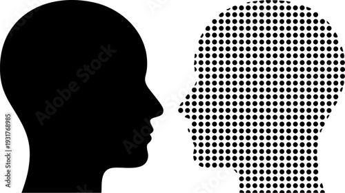 Digital Twin Concept Silhouette Minimalist Dual Head Profiles Mirroring Solid and Dotted Human Outlines Flat Vector Icon