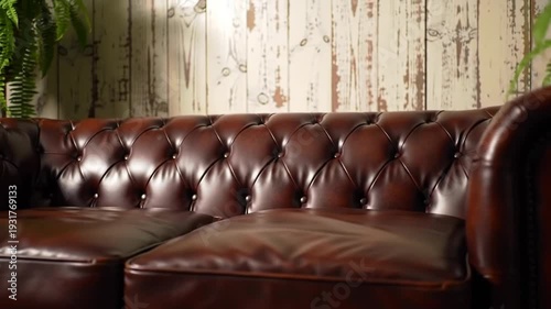 A deep brown leather sofa with tufted details and an ivy plant.