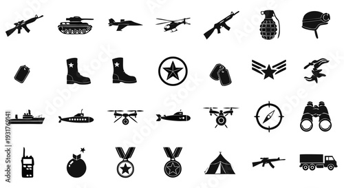 Black Silhouette 20 Military Icon Set Vector – Army and Defense Symbols