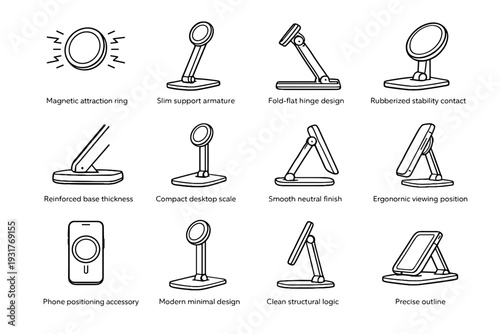 Minimalist smooth hinge stand vector magnetic rubberized ergonomic outline reinforced base phone