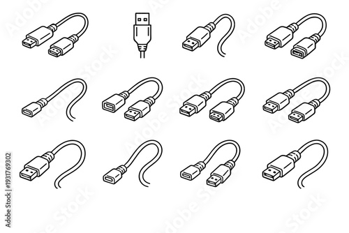 Usb plug cable accessory vector set lightweight extension icon strain male