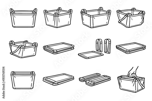 Vector household organization fabric structure icons minimalist basket hamper collapsible access icon