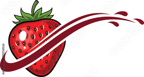 Fresh red strawberry fruit illustration with a dynamic liquid splash swirl and juice droplets isolated on a white background for healthy organic food branding
