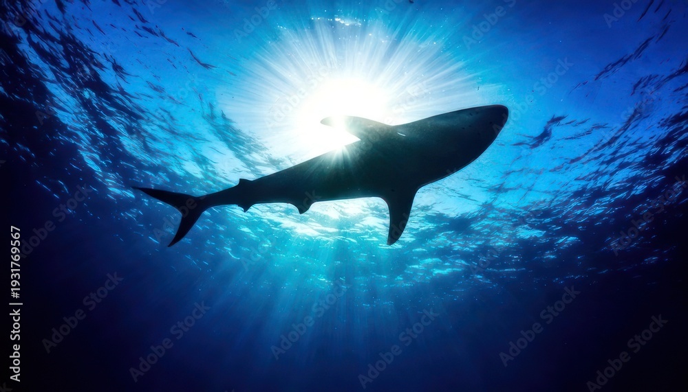 Obraz premium Majestic Shark Silhouette Swimming Beneath the Ocean Surface with Sun Rays.