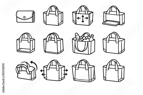 Foldable expandable tote functional profile bag icon icons panels clean vector outline
