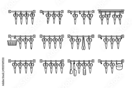 Vector scissors stainless surface wall bar icon metal mounted geometry style proportions