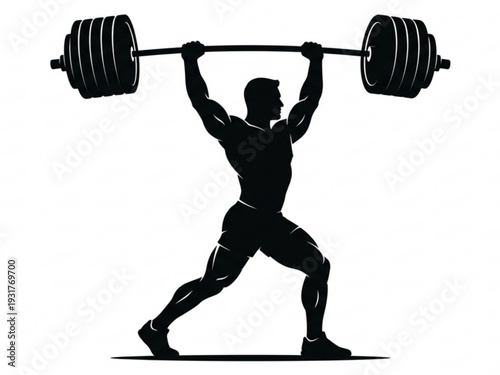 Strong Weightlifter Silhouette Illustration - Muscular Bodybuilder Lifting Barbell Overhead Vector