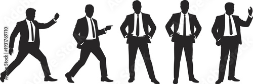 Businessman silhouette icon set, vector suit and tie poses for designers, professional gestures, confident stances, editable minimalist black graphics