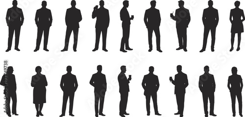 Business people silhouette icon set, vector corporate poses collection, men women in suits professional workplace diversity, editable black design graphics