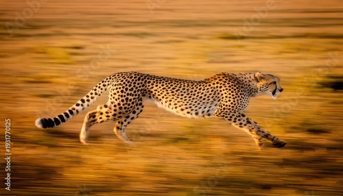 Cheetah in full sprint across the African savanna, motion blur.