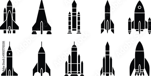 Black silhouette rocket ship icons set including space shuttles launch vehicles and galactic exploration spacecraft elements isolated on white background