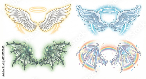 Set of 4 elemental holy angel wings flat vector illustrations, classic white feather, magic water, nature leaf, and crystal rainbow wings isolated