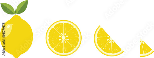 Fresh yellow lemon fruit vector illustration with green leaves whole lemon round slice half cut and small wedge isolated on white background for food design