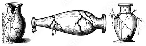 Set of hand drawn broken ancient clay vases