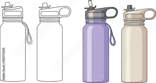 Reusable water bottle collection with straw lid variations, insulated stainless steel tumbler set, eco friendly flat vector illustration
