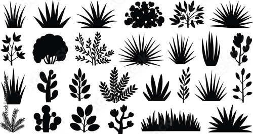Black silhouette plant icons set including garden grass shrubs succulent leaves and various outdoor nature greenery elements isolated on white background