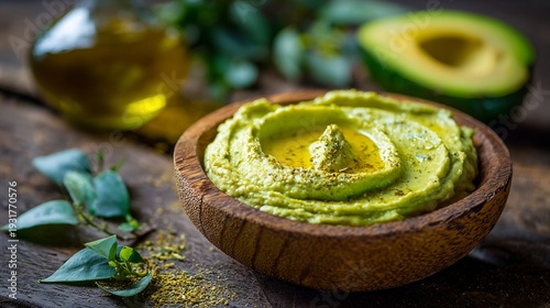 Creamy avocado hummus in a rustic wooden bowl, garnished with olive oil and spices, surrounded by fresh leaves and half an avocado on a wooden table background.