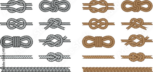 Nautical rope knot collection with braided cord variations, marine sailing ties and decorative maritime elements detailed flat vector illustration