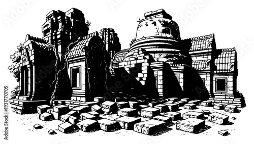 Detailed hand drawn ancient temple ruins landscape
