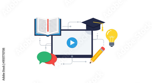 Digital E-learning Concept. Online Education, Video Courses, Academic Network, Graduation Cap, Book, and Idea Lightbulb Illustration.