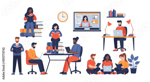 Diverse Students and People Learning: Reading Books, Studying Online, E-learning, and Knowledge Acquisition Group Concept Vector Illustration.