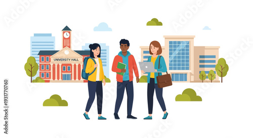 Diverse University Students Walking on Campus. Flat Illustration of College Education, Friendship, and Higher Learning.