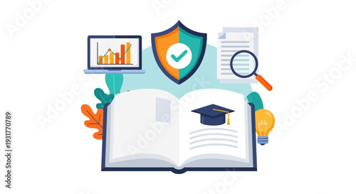 Knowledge Management and E-Learning Security Concept. Open book, graduation cap, data analysis, secure shield, and research metaphor for education success.
