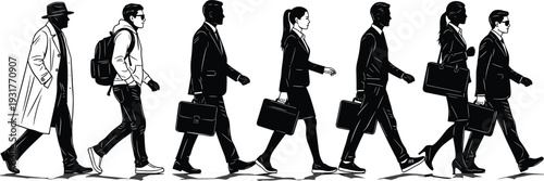 Black silhouette set of business men and women walking with briefcases, professional corporate workers commuting to office, isolated design icons,