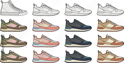 Casual running sneaker collection with multiple color variations, modern sport footwear set detailed flat vector illustration