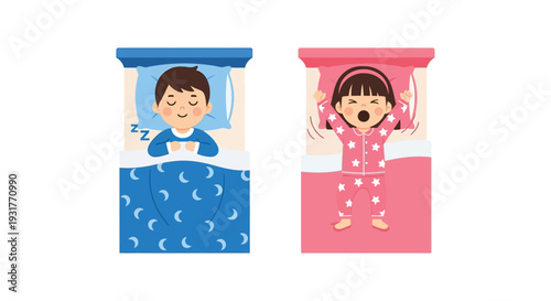 Two children in bed one sleeping peacefully and the other yawning depicted in a colorful illustration silhouette high quality professional detailed